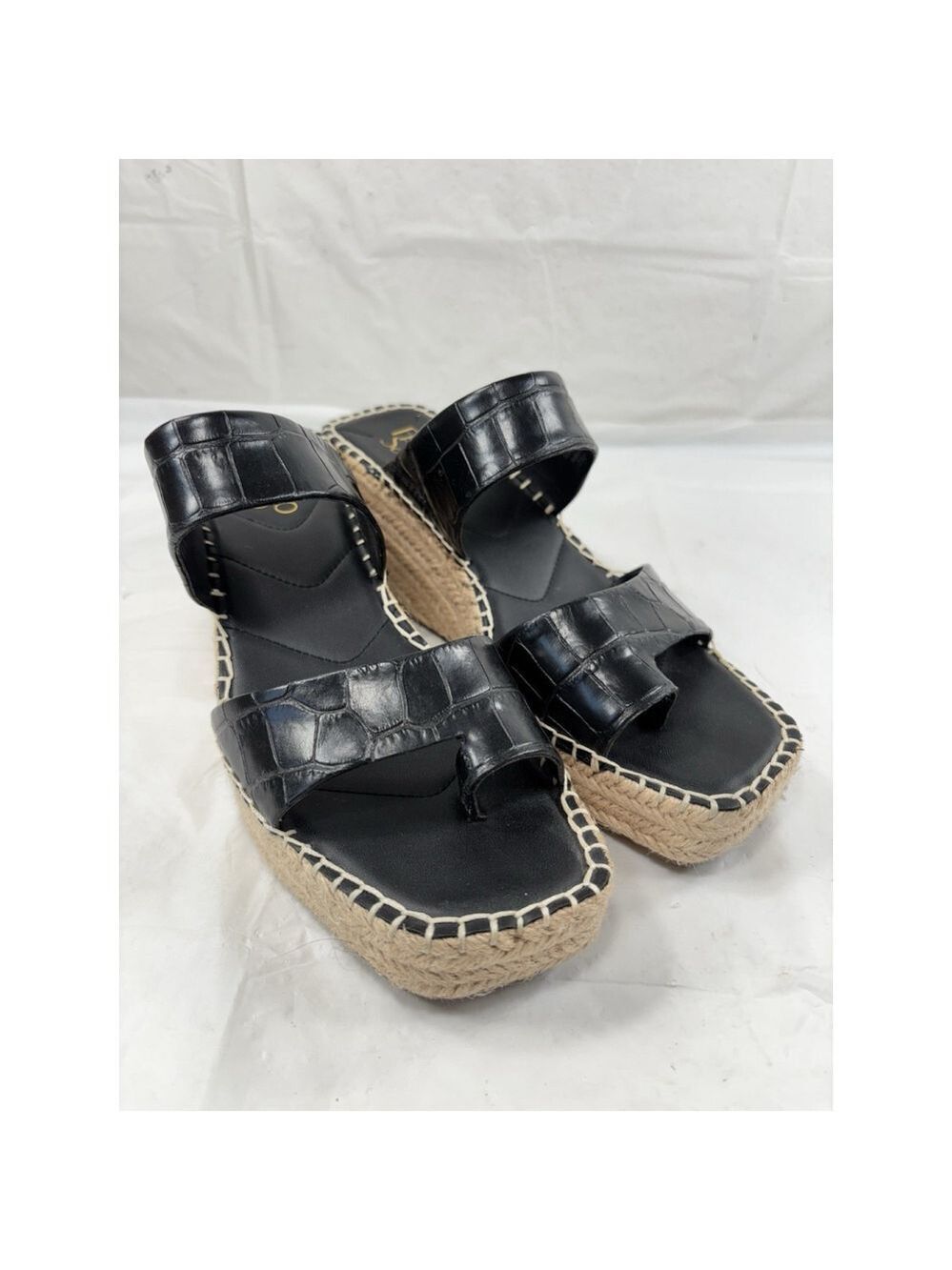 Franco Sarto Clave Black Leather Croc Embossed Platform Wedge Sandals size 8